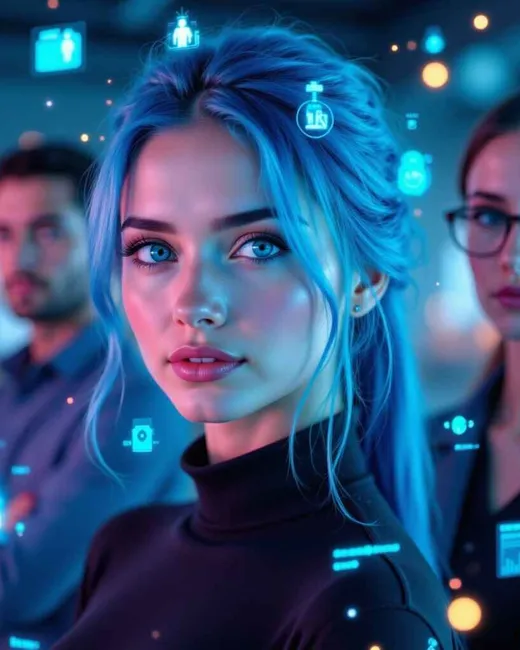 powerful, futuristic illustration symbolizing the battle against chronic disease empowered by AI technology. The scene features a diverse group of people representing various chronic conditions—diabetes, heart disease, and autoimmune disorders—surrounded by glowing digital elements like neural networks, data streams, and AI-driven health monitors. Include AI-powered devices such as smartwatches, continuous glucose monitors, and AI chatbots visually interacting with patients, providing real-time insights and personalized care. The background should blend a high-tech medical environment with human warmth and hope, emphasizing prevention, early detection, and personalized treatment. Use vibrant blues, purples, and greens to evoke innovation, precision, and healing. The style should be modern, optimistic, and dynamic, capturing AI as the new frontline general in the fight for long-term health.